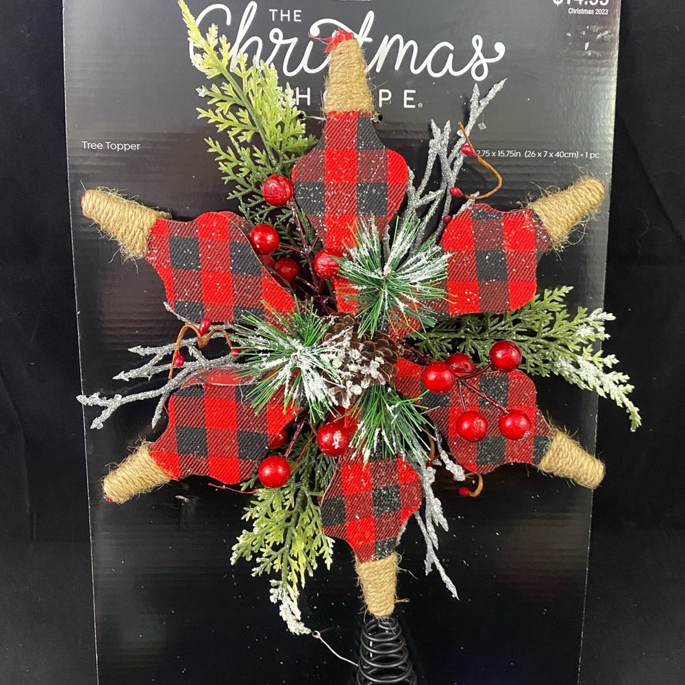 Rustic Farmhouse Modern Red & Black BUFFALO CHECK Plaid Tree Topper Christmas